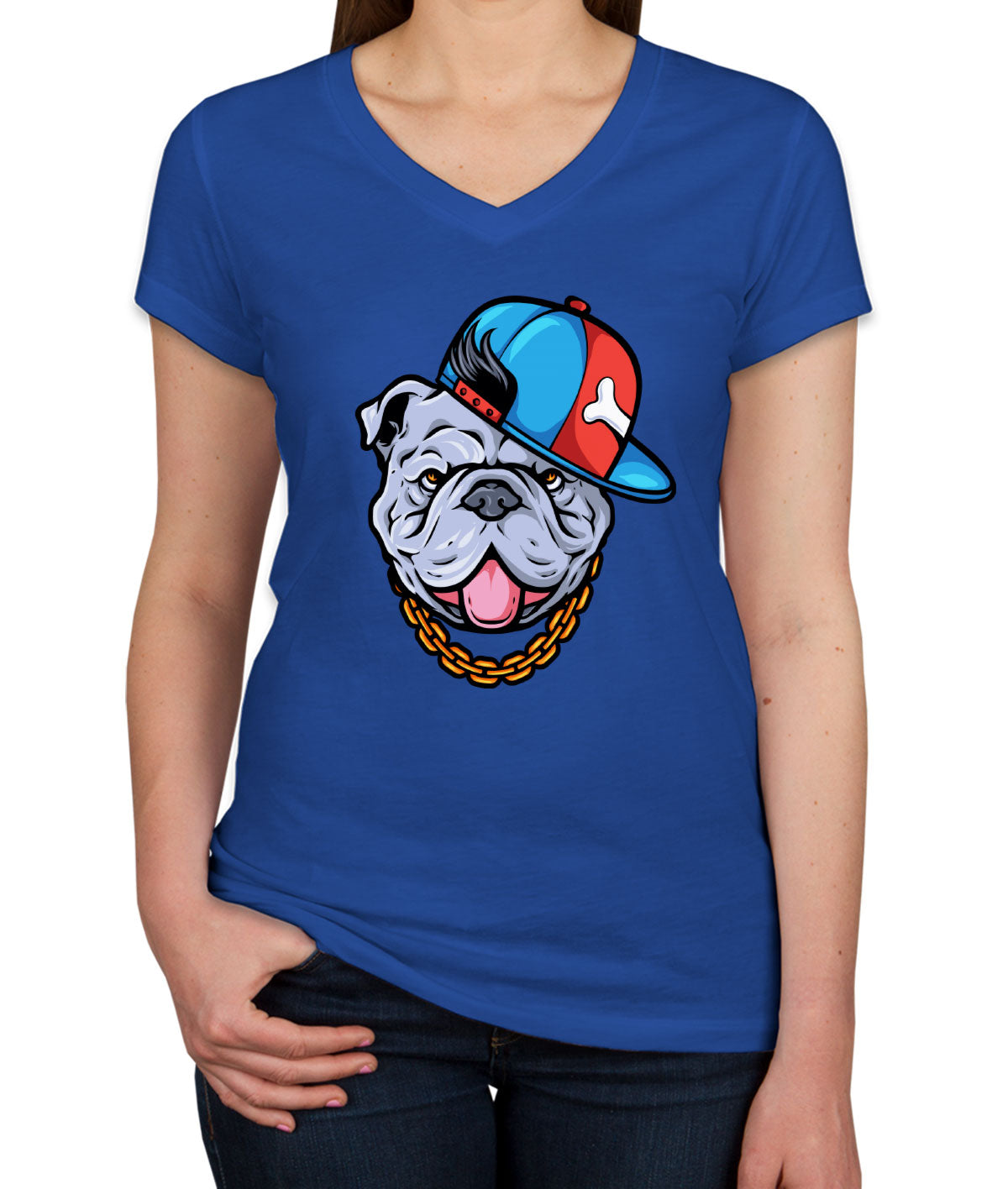 Bulldog Cartoon Wearing Gold Chain Women's V Neck T-shirt