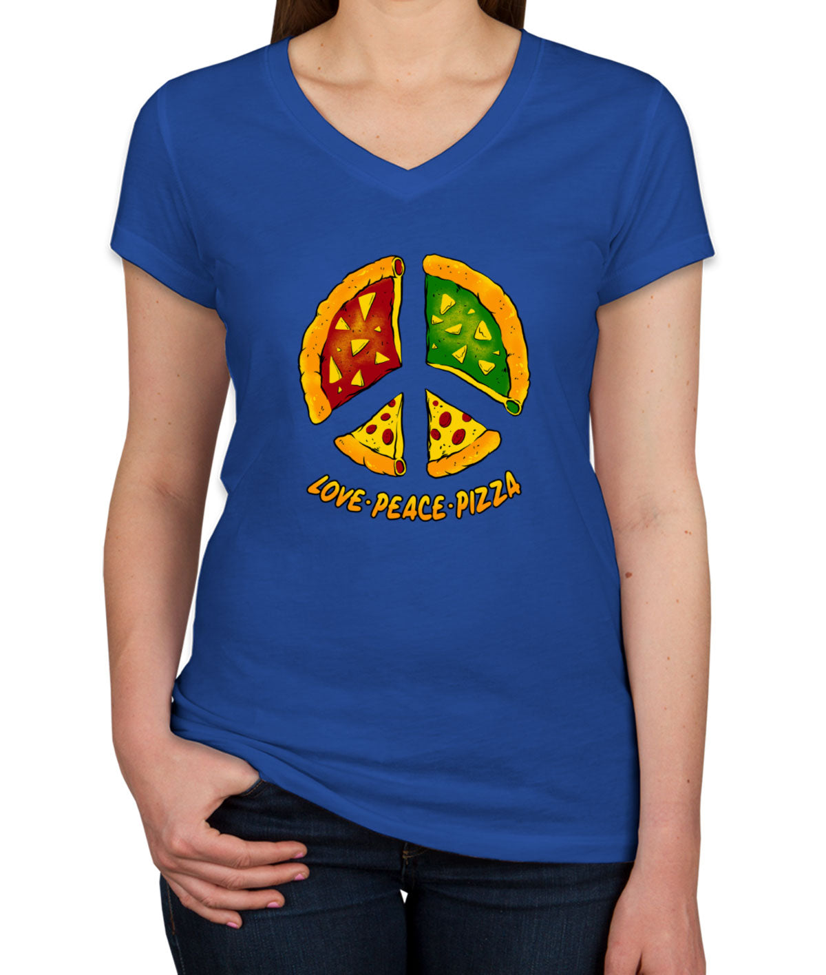 Love Peace Pizza Women's V Neck T-shirt