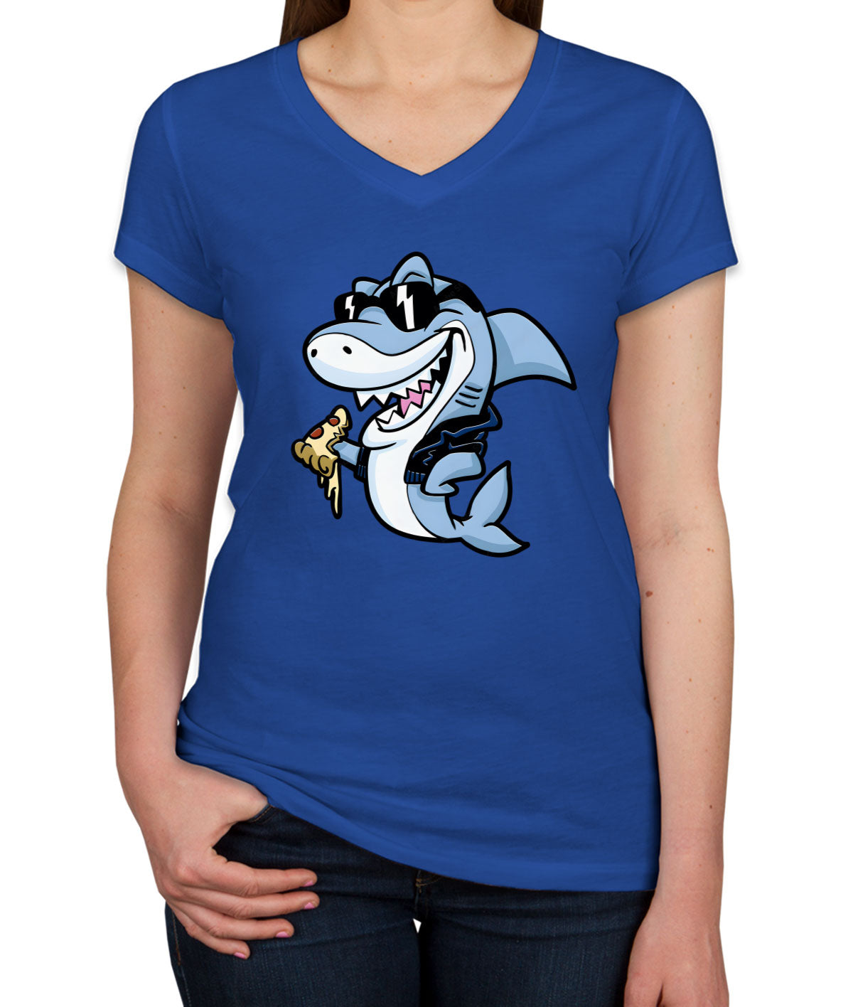 Cool Shark Eating Pizza Women's V Neck T-shirt