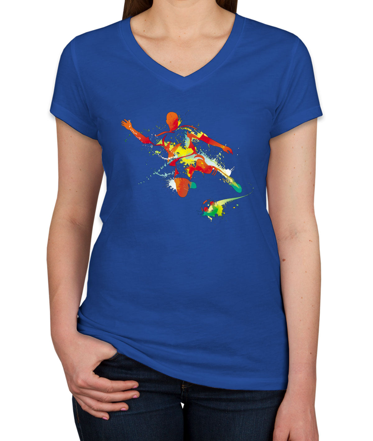 Colorful Soccer Player Women's V Neck T-shirt