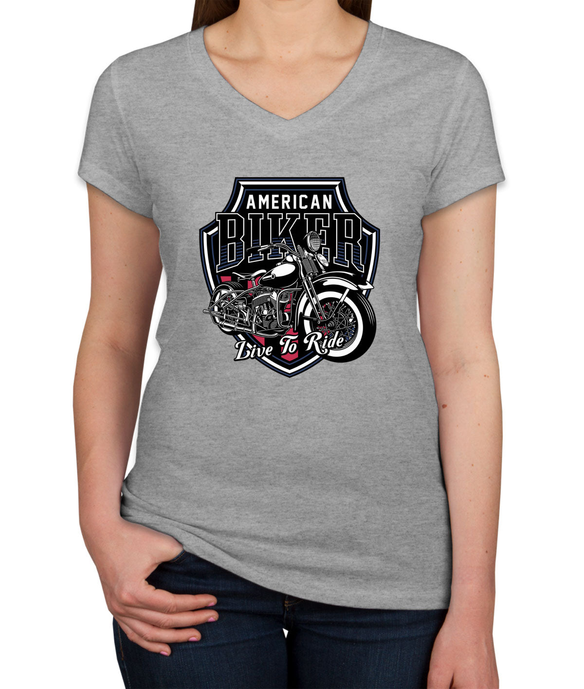 American Biker Live To Ride Motorcycle Women's V Neck T-shirt