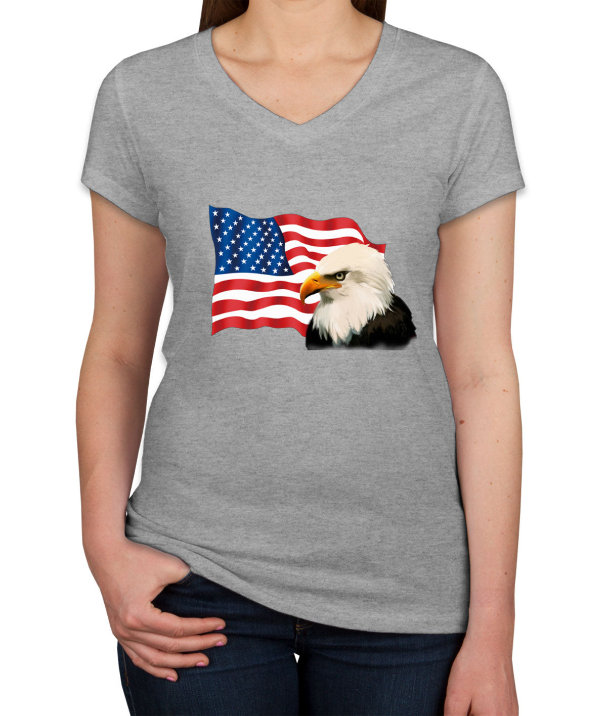 Bald Eagle American Flag Women's V Neck T-shirt