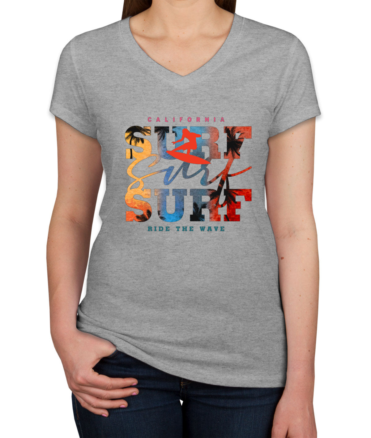 California Surf Ride The Wave Women's V Neck T-shirt