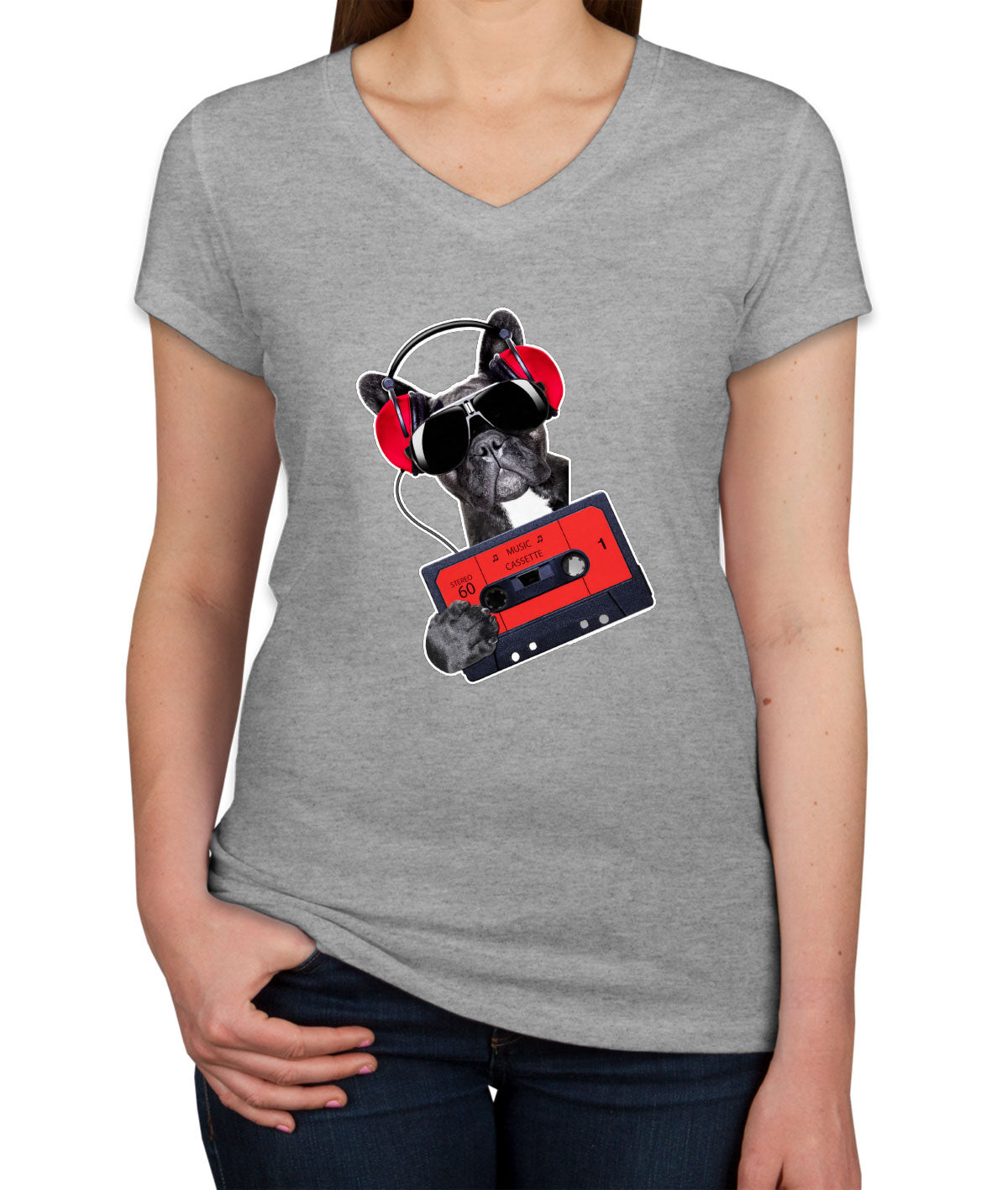 Cool Dog With Headphone Women's V Neck T-shirt