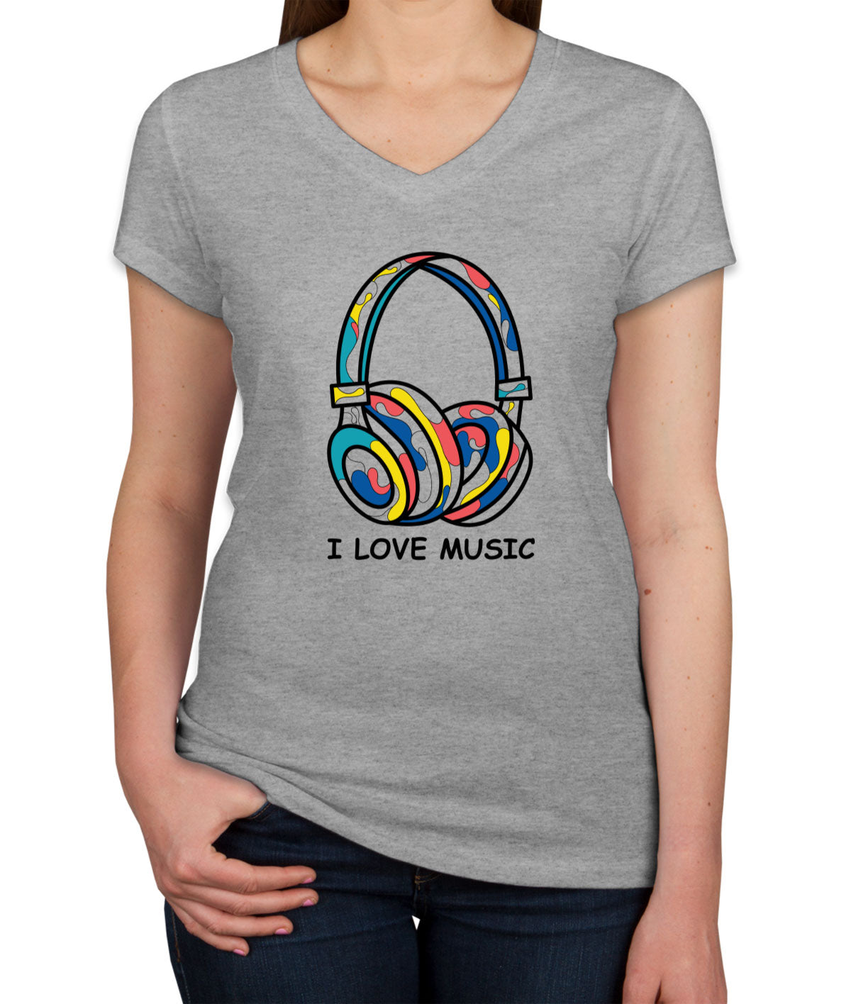 I Love Music Colorful Headphone Women's V Neck T-shirt