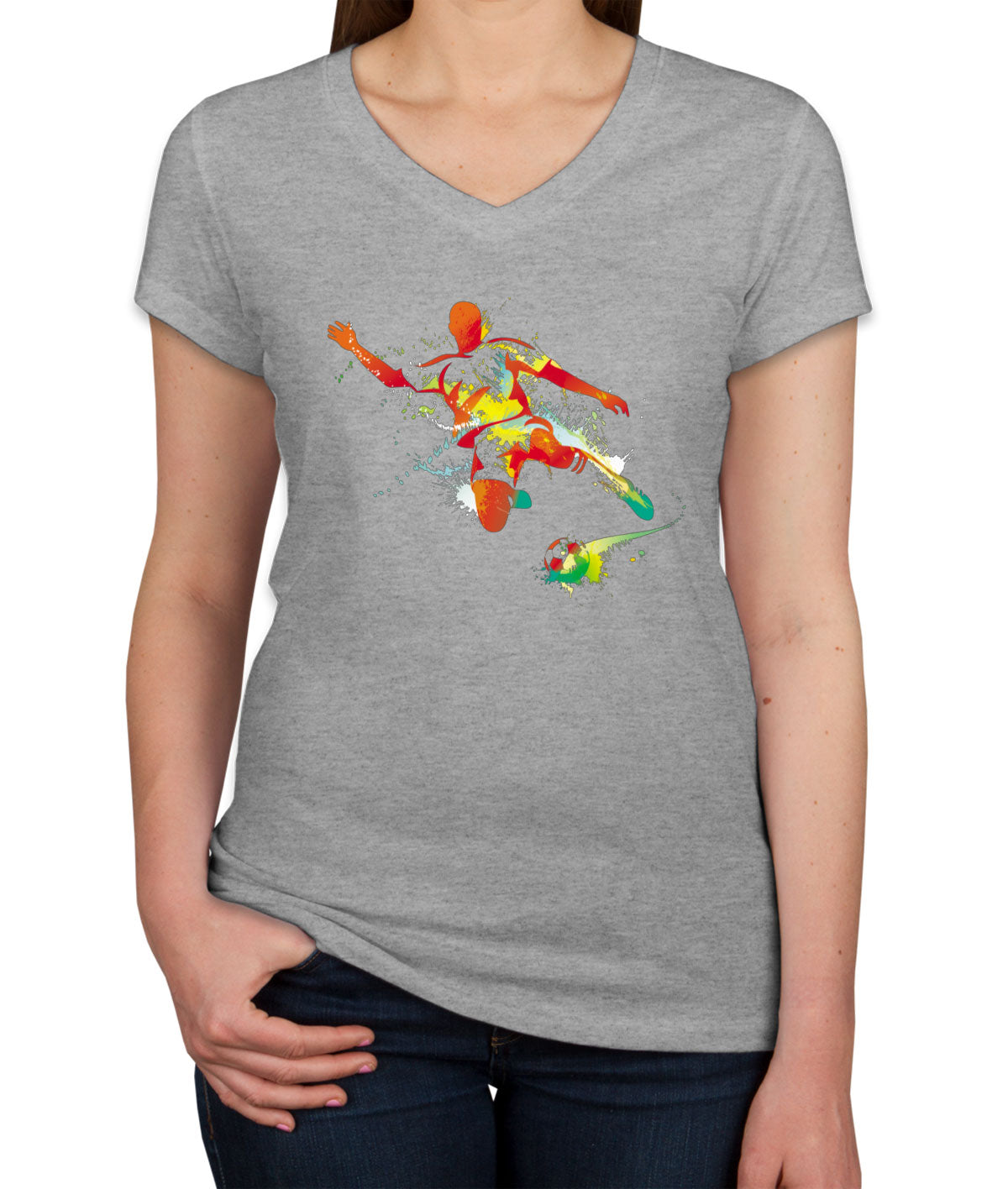 Colorful Soccer Player Women's V Neck T-shirt