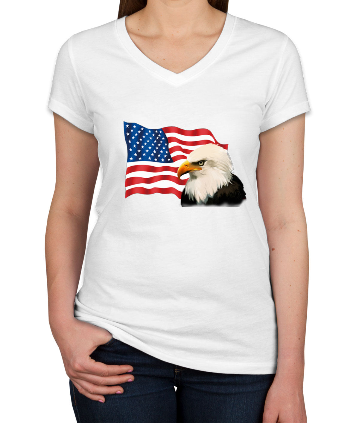 Bald Eagle American Flag Women's V Neck T-shirt