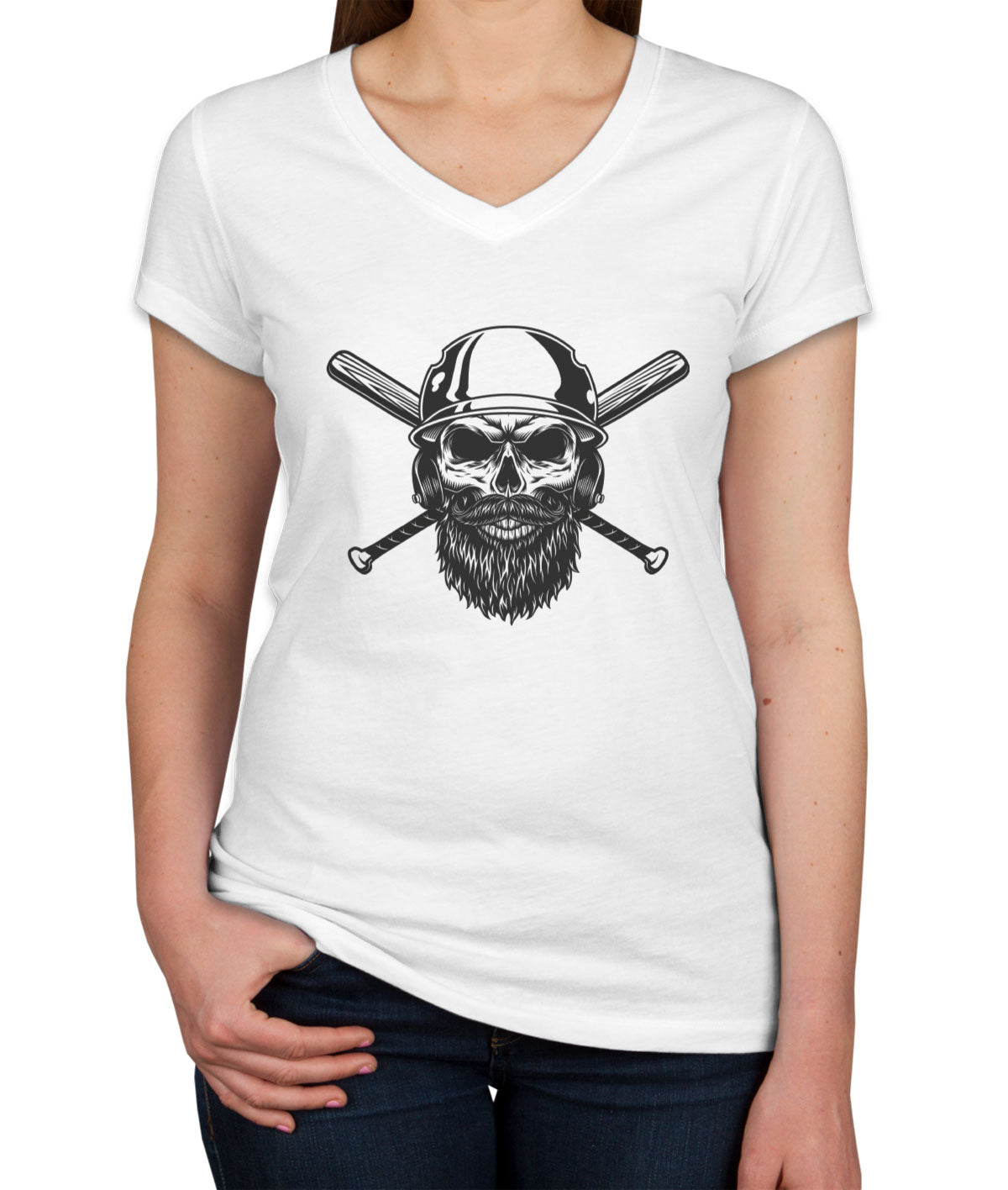 Skull in Baseball Helmet Women's V Neck T-shirt