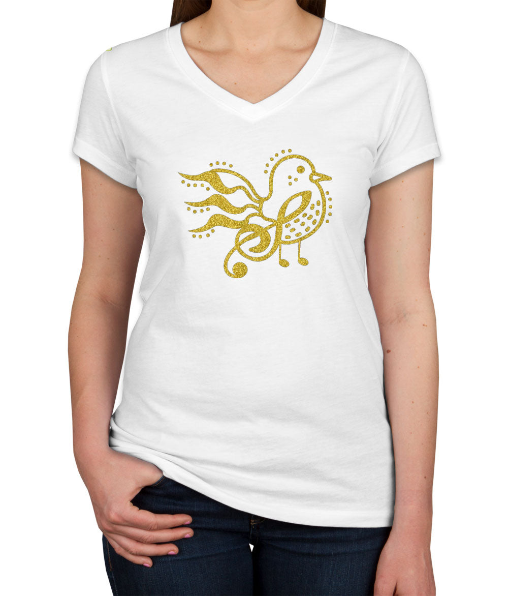 Bird Music Notes Gold Glitter Print Women's V Neck T-shirt