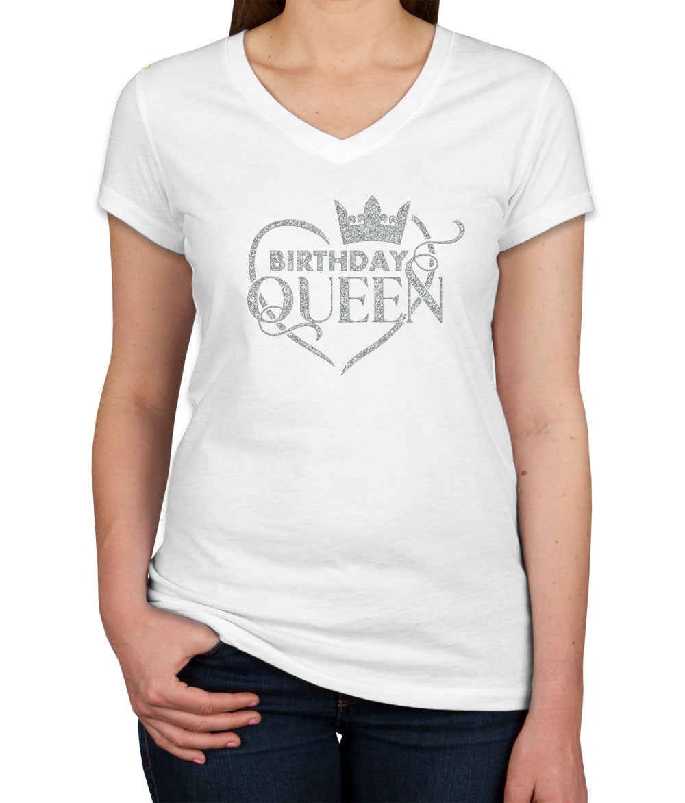 Birthday Queen Silver Glitter Print Women's V Neck T-shirt