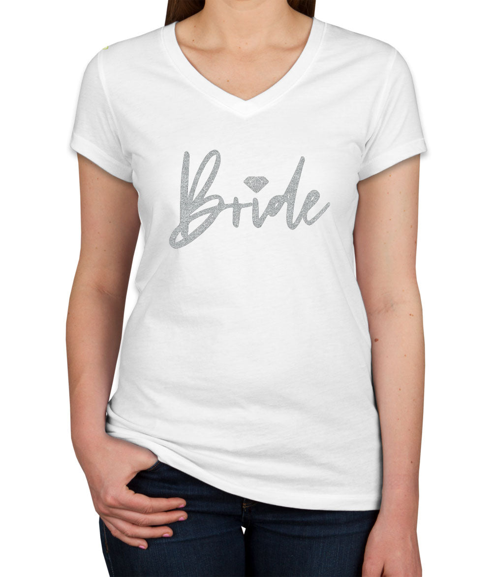 Bride Silver Glitter Print Women's V Neck T-shirt