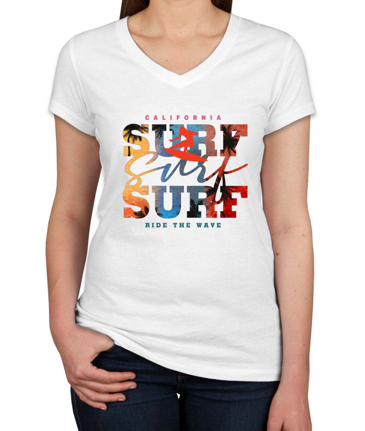 California Surf Ride The Wave Women's V Neck T-shirt