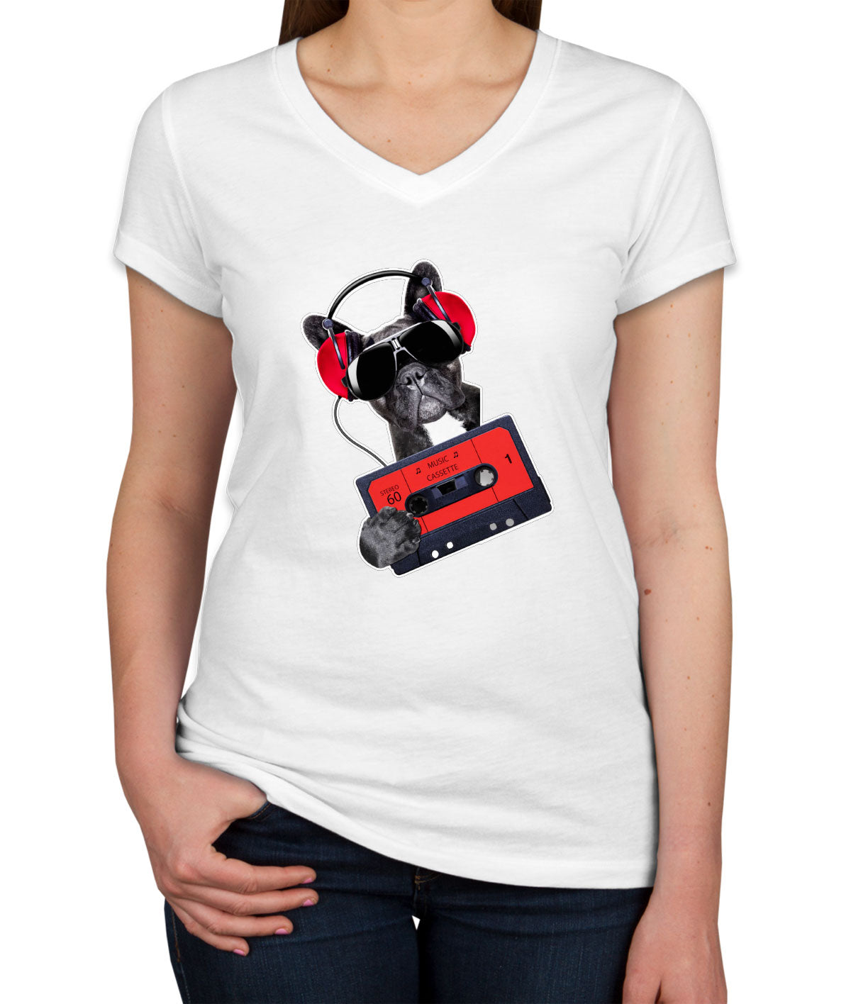 Cool Dog With Headphone Women's V Neck T-shirt