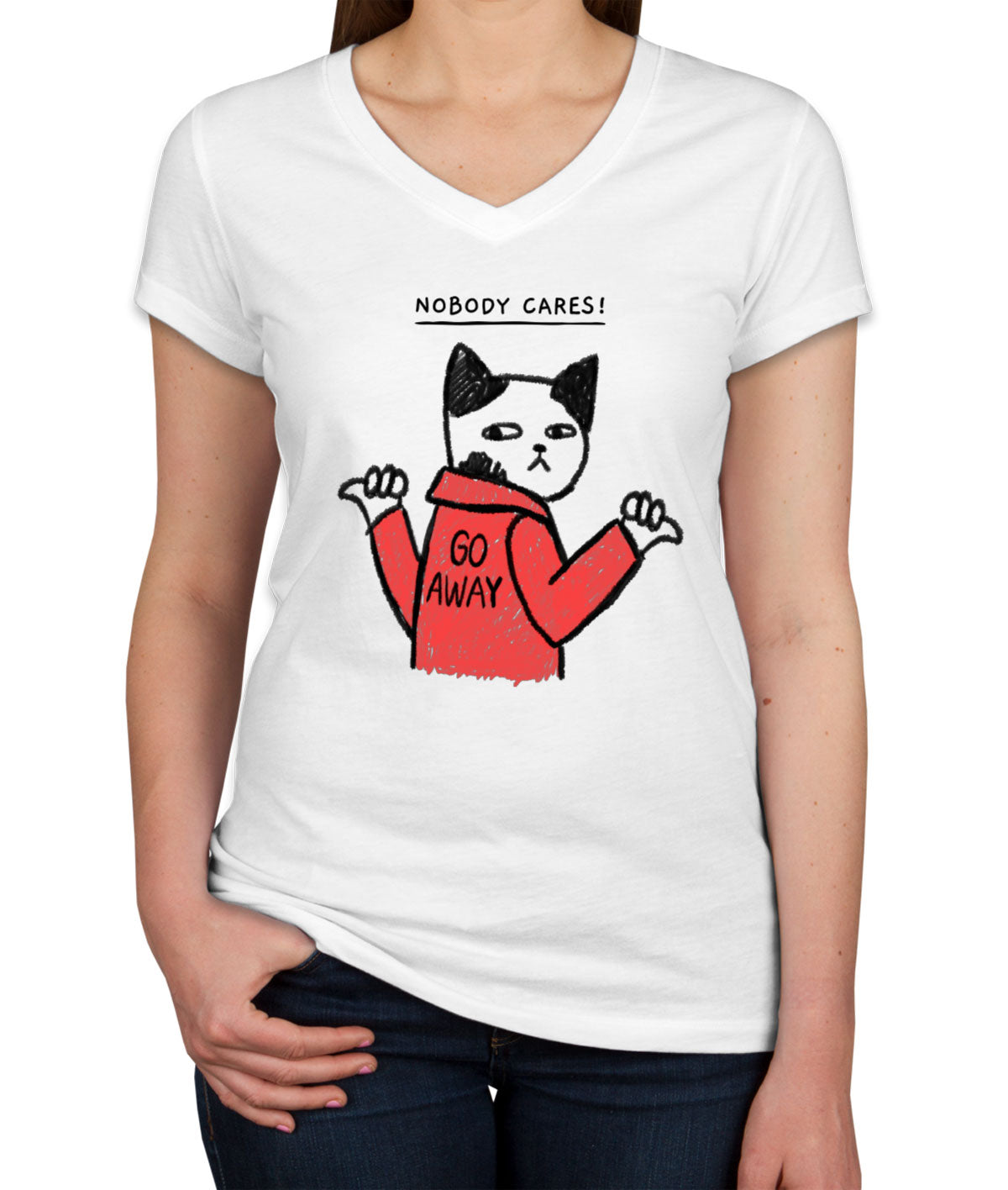 Nobody Cares! Go Away Funny Cat Women's V Neck T-shirt