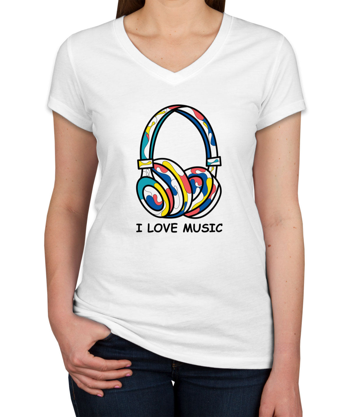 I Love Music Colorful Headphone Women's V Neck T-shirt