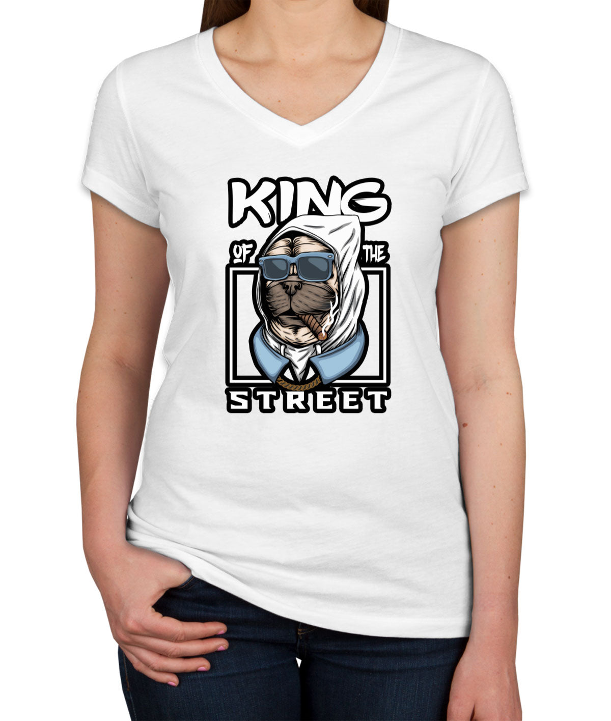 Pug Dog King Of The Street Women's V Neck T-shirt