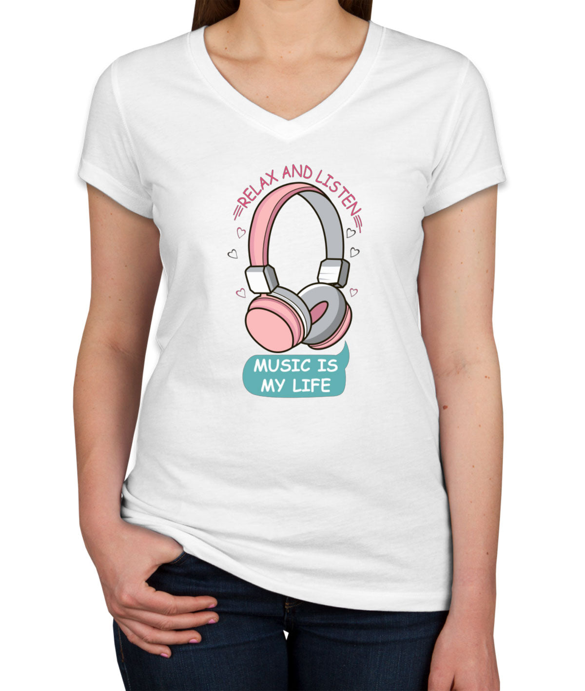 Music Is My Life Headphone Women's V Neck T-shirt