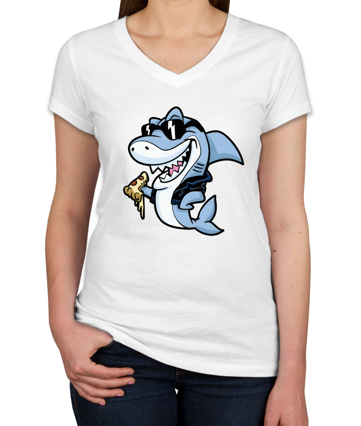 Cool Shark Eating Pizza Women's V Neck T-shirt