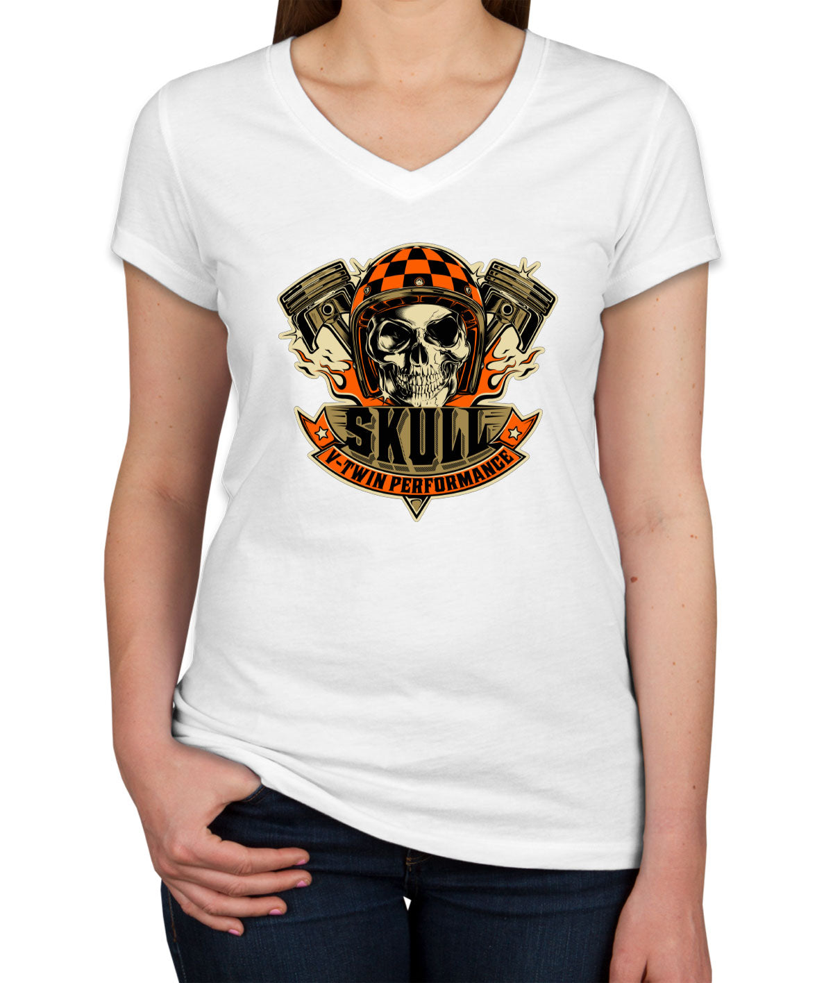 V-Twin Performance Skull Motorcycle Women's V Neck T-shirt